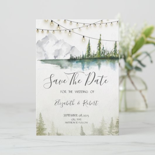 Berg, Wald, See, Lichter Chic Save the Date (Stehend Vorderseite)