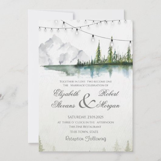 Berg, Wald, See, Lichter mit String Chic Wedding Einladung (Vorderseite)