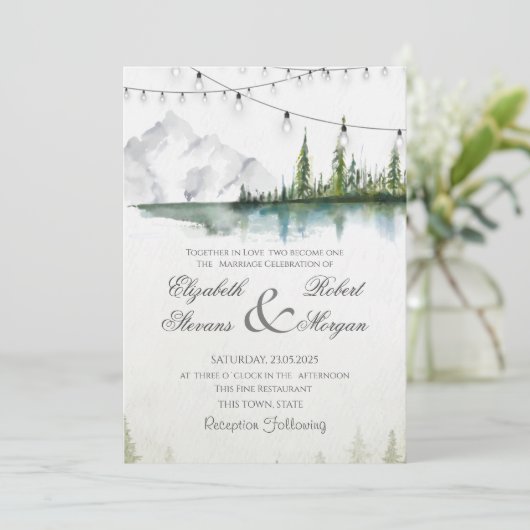 Berg, Wald, See, Lichter mit String Chic Wedding Einladung (Stehend Vorderseite)
