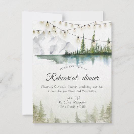 Berg, Wald, See, String Light Probe Dinner Einladung (Vorderseite)