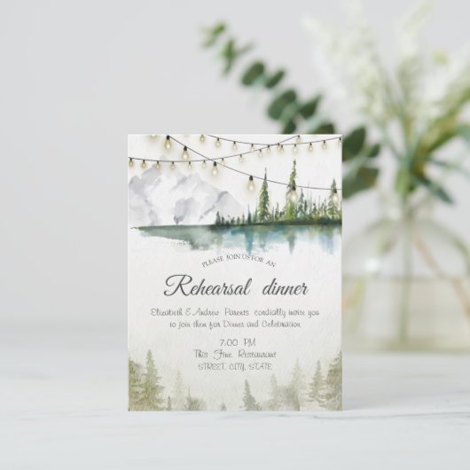 Berg, Wald, See, String Light Probe Dinner Einladung (Stehend Vorderseite)