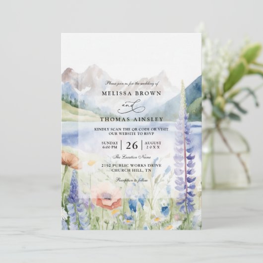 Berg-Wildblumen-Landschaft QR-Code-Hochzeit Einladung (Stehend Vorderseite)