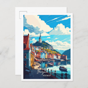 Bergan Oslo Norwegen Art Vintage Reise Illustratio Postkarte