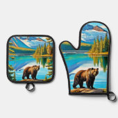 Bergbär: Der See Reflektion Kunst, Dichtung und Mu Ofenhandschuh & Topflappen-Set (Vorderseite)