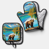 Bergbär: Der See Reflektion Kunst, Dichtung und Mu Ofenhandschuh & Topflappen-Set (Vorderseite/Rückseite)