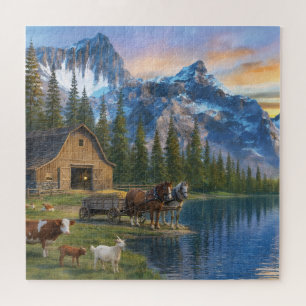 Bergbauernhof bei Sonnenuntergang Friedliche Ländl Puzzle