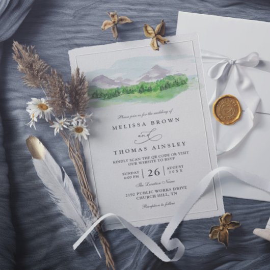Bergbäume Kiefernwald Rustikal QR-Code Hochzeit Einladung