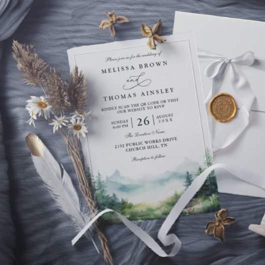 Bergbäume Wald Rustikaler QR-Code Hochzeit Einladung