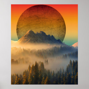 BERGDÄMMERUNG WALD NATUR SONNENUNTERGANG LANDSCHAF POSTER