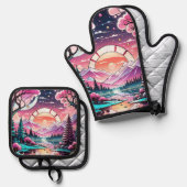 Berge, Fluss, Art Deco, Zuhause Ofenhandschuh & Topflappen-Set (Vorderseite/Rückseite)