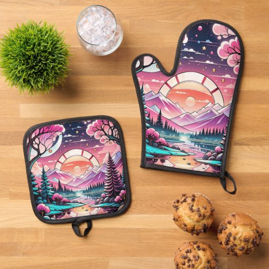 Berge, Fluss, Art Deco, Zuhause Ofenhandschuh & Topflappen-Set (Oben Unten)