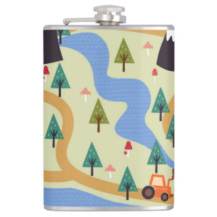Berge, Flüsse, Wald, Autokomuster. Flachmann