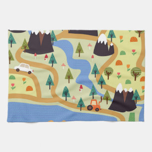 Berge, Flüsse, Wald, Autokomuster. Geschirrtuch