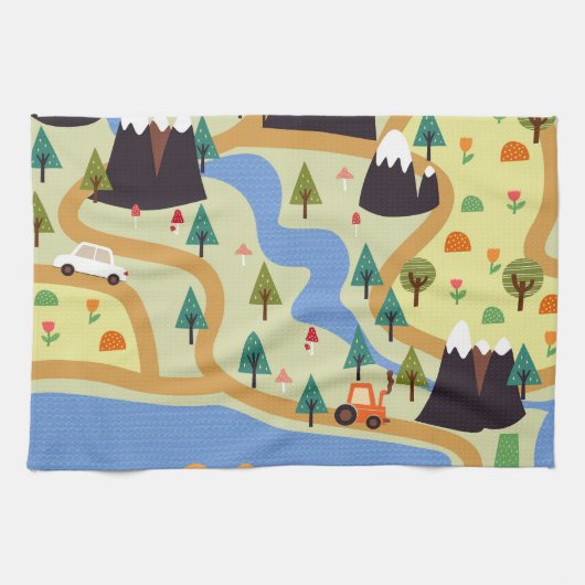 Berge, Flüsse, Wald, Autokomuster. Geschirrtuch (Horizontal)