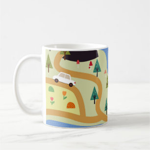 Berge, Flüsse, Wald, Autokomuster. Kaffeetasse