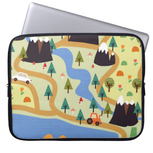 Berge, Flüsse, Wald, Autokomuster. Laptopschutzhülle