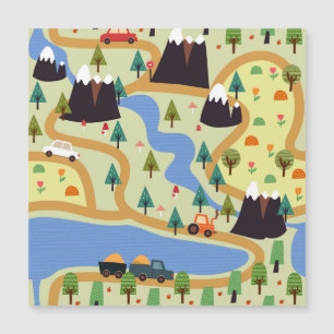 Berge, Flüsse, Wald, Autokomuster. Magnetkarte