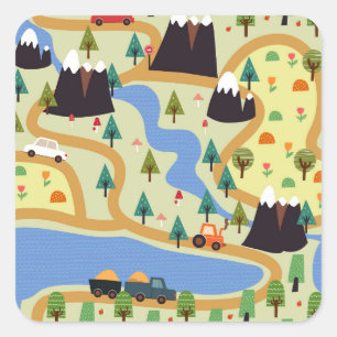 Berge, Flüsse, Wald, Autokomuster. Quadratischer Aufkleber