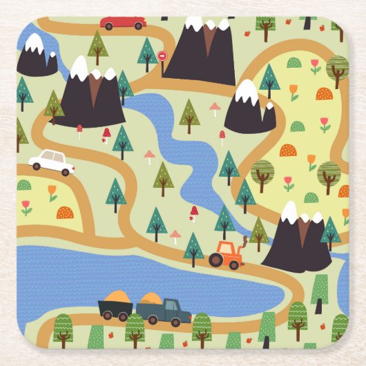 Berge, Flüsse, Wald, Autokomuster. Rechteckiger Pappuntersetzer (Vorderseite)