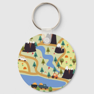 Berge, Flüsse, Wald, Autokomuster. Schlüsselanhänger