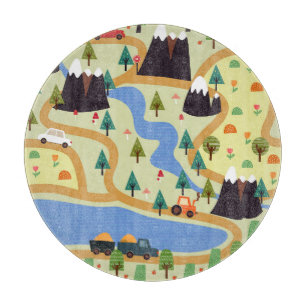 Berge, Flüsse, Wald, Autokomuster. Schneidebrett