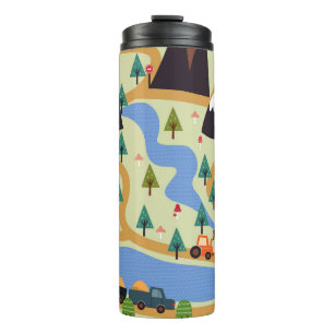 Berge, Flüsse, Wald, Autokomuster. Thermosbecher