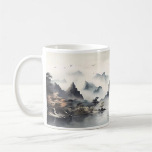Berge, Hügel, Nebel und Fluss Kaffeetasse