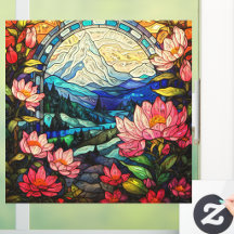 Berge in Rosa Rhododendren Faux-Buntglas