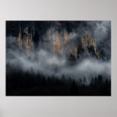 Berge mit Nebel durch Fichtenwald Poster (Vorne)