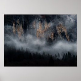 Berge mit Nebel durch Fichtenwald Poster