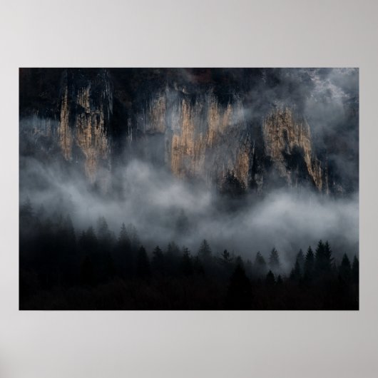 Berge mit Nebel durch Fichtenwald Poster (Vorne)