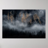 Berge mit Nebel durch Fichtenwald Poster (Vorne)