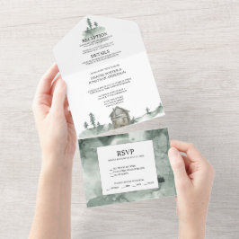 Berge, Pinienbäume, Hütte Rustikale Hochzeit | All In One Einladung