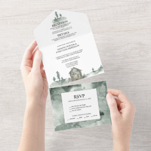 Berge, Pinienbäume, Hütte Rustikale Hochzeit   All In One Einladung