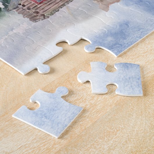 Berge, See, Bäume, Hütte, Bärenwinterlandschaft Puzzle (Seite)