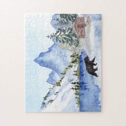 Berge, See, Bäume, Hütte, Bärenwinterlandschaft Puzzle (Vertikal)