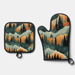 Berge und Bäume grün und orange Ofenhandschuh & Topflappen-Set