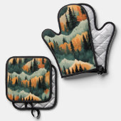 Berge und Bäume grün und orange Ofenhandschuh & Topflappen-Set (Vorderseite/Rückseite)