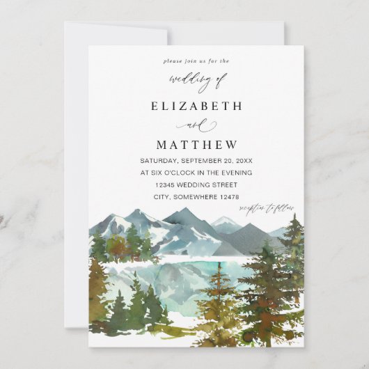 Berge und Bäume Rustikale Hochzeit Einladung (Vorderseite)