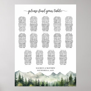 Berge und Kiefern 14 Tische Hochzeitssitzplan Poster