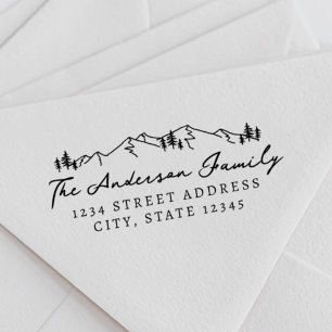 Berge und Kiefern Handschrift Rücksendeadresse Permastempel