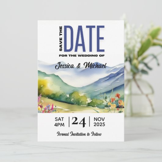 Berge und Wildblume Rustikal Save The Date (Stehend Vorderseite)