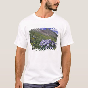 Berge und Wildblumen auf Almwiese, Blau T-Shirt