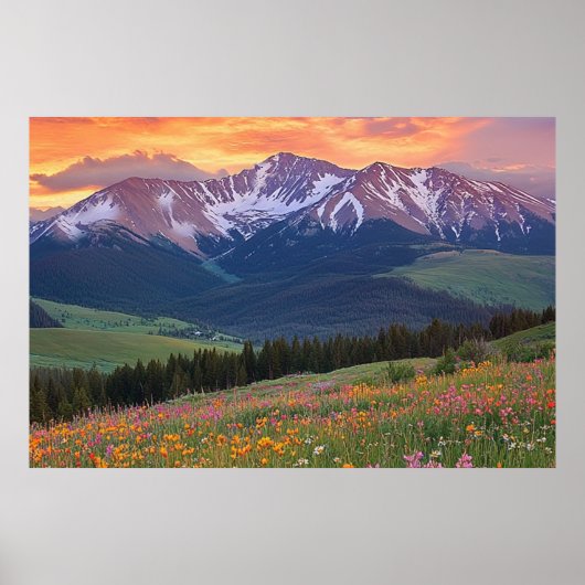 Berge und Wildblumen Druckfarben Poster (Vorne)