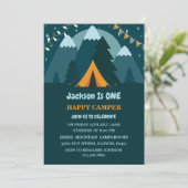 Berge Zelt ein glücklicher Camper Erster Geburtsta Einladung (Stehend Vorderseite)