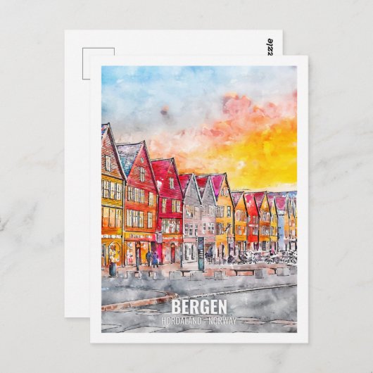 Bergen Hordaland Norwegen Travel Place Watercolor Postkarte (Vorne/Hinten)