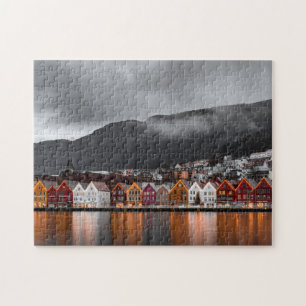Bergen Norwegen farbenfrohe Häuser Nordlichter Puzzle