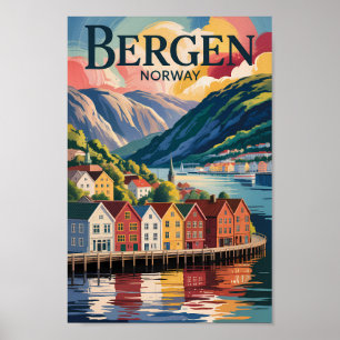 Bergen Norwegen Illustration Reise Kunst Vintage Poster