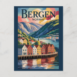 Bergen Norwegen Illustration Reise Kunst Vintage Postkarte