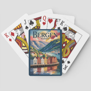 Bergen Norwegen Illustration Reise Kunst Vintage Spielkarten